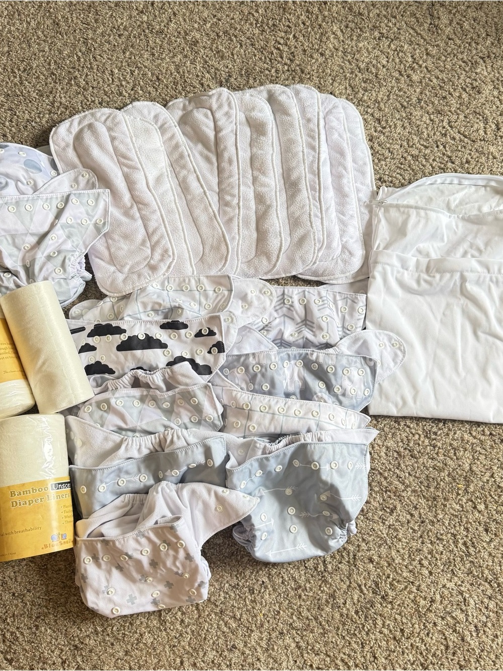 12 Neutral White & Light Gray Reusable Cloth Diaper Set
